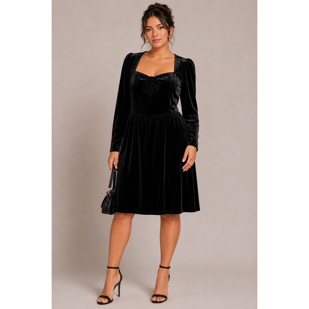 Whimsigoth Black Velour Rosette Dress Cottage Goth Large Pockets